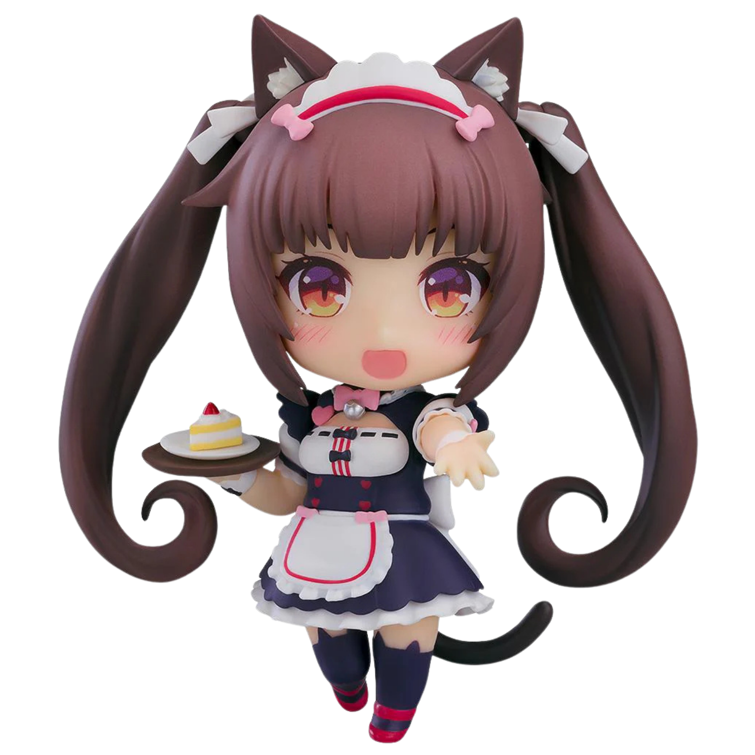 Anime character figurine in a maid outfit with cat ears holding a cake on a white background