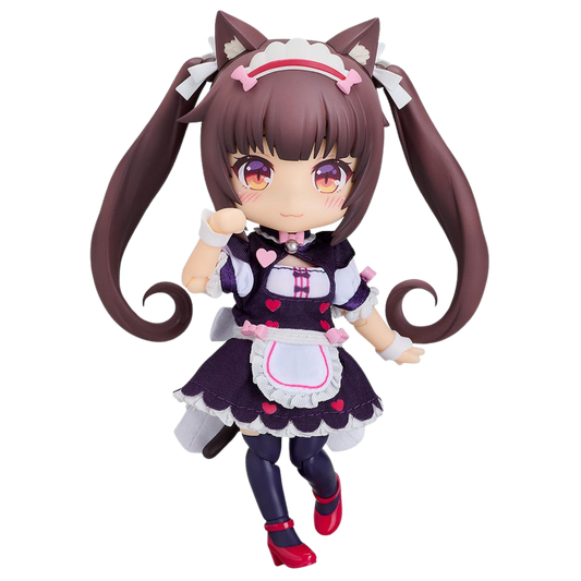 A chibi-style anime figurine with long dark brown twin tails, cat ears, and a dark purple and white maid outfit with pink accents, shown on a plain white background.