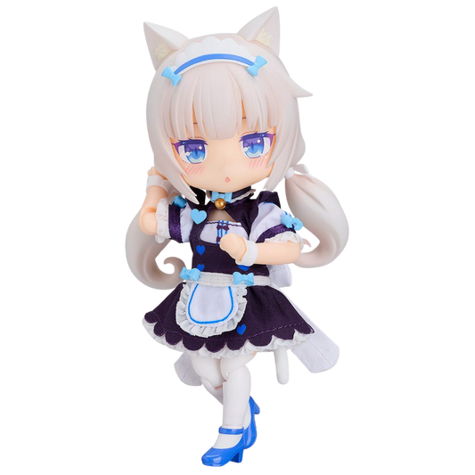 An anime-style cat-girl action figure with white hair, blue eyes, and a dark purple and white maid outfit with light blue accents, shown against a plain white background.