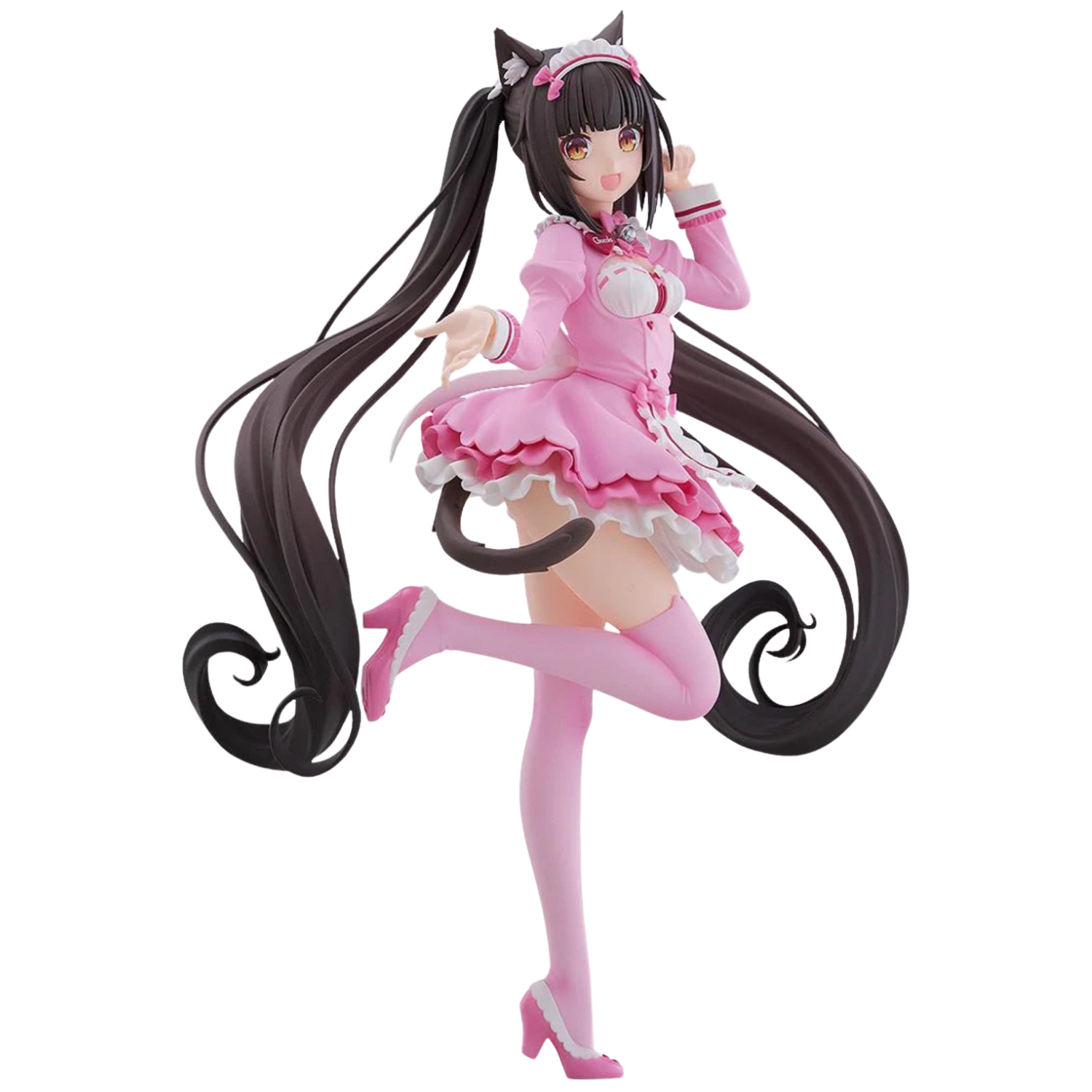 Anime character figurine in a pink outfit with long black hair on a white background