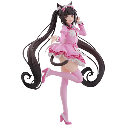 Anime character figurine in a pink outfit with long black hair on a white background