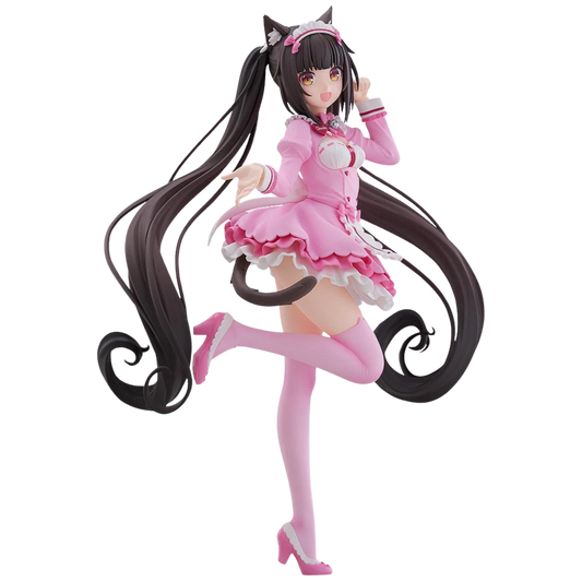 Anime character figurine in a pink outfit with long black hair on a white background