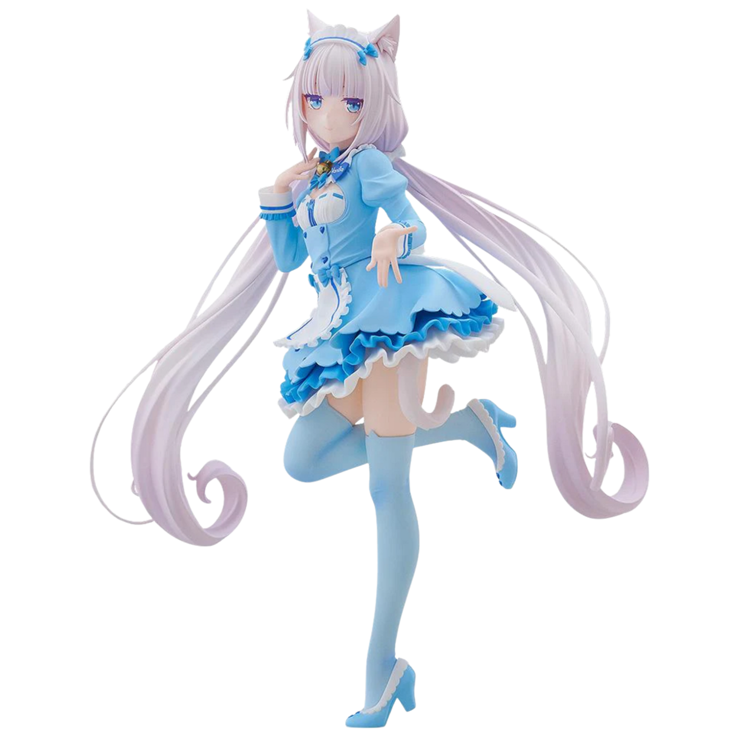 Anime character figurine in a blue outfit with long white hair on a white background