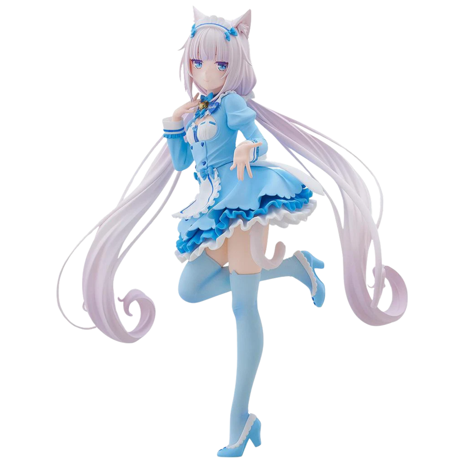 Anime character figurine in a blue outfit with long white hair on a white background