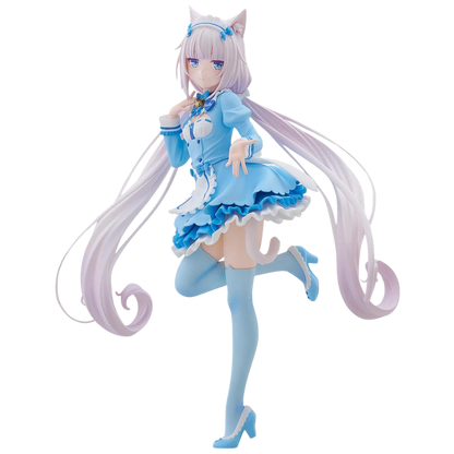 Anime character figurine in a blue outfit with long white hair on a white background