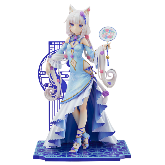 Anime character figurine in a blue and white outfit with cat ears on a white background