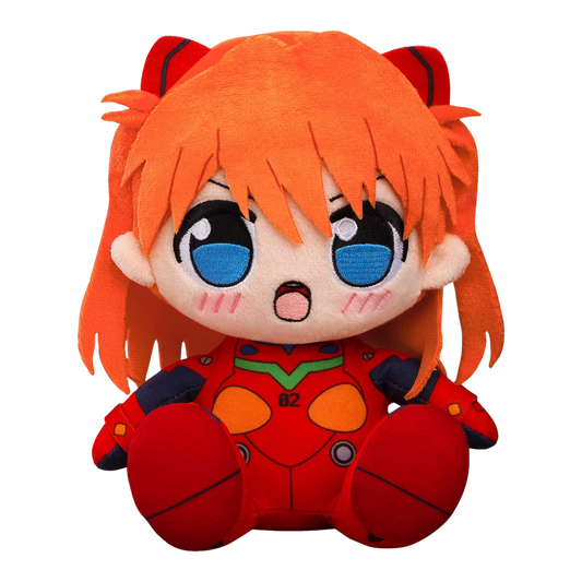 A chibi anime plush toy with bright orange hair, blue eyes, and a red bodysuit, shown against a plain white background.