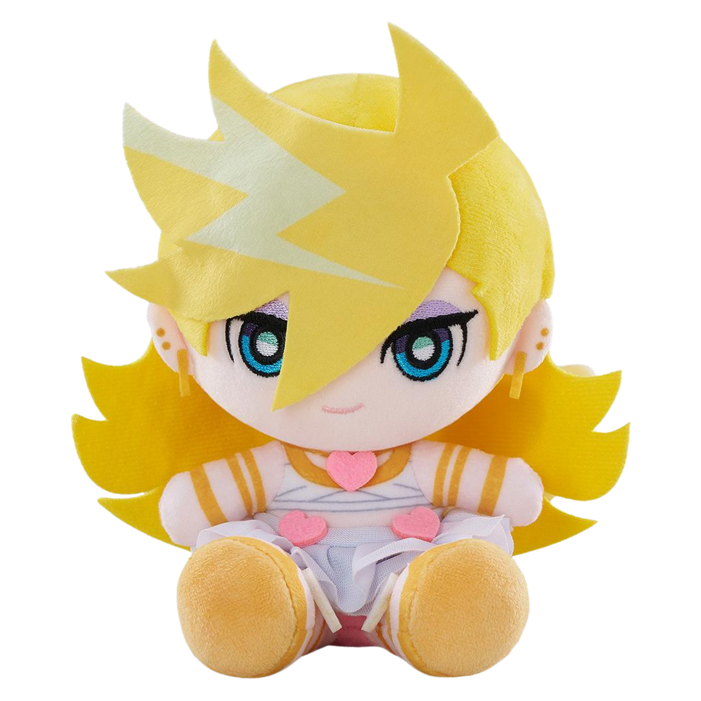 A chibi-style plush doll with bright yellow hair, blue eyes, and a white outfit with pink heart accents, shown against a plain white background.