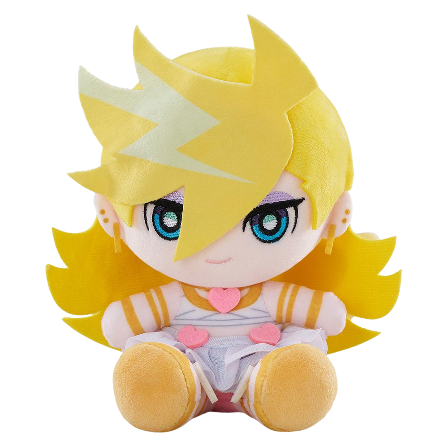 A chibi-style plush doll with bright yellow hair, blue eyes, and a white outfit with pink heart accents, shown against a plain white background.
