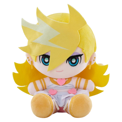A chibi-style plush doll with bright yellow hair, blue eyes, and a white outfit with pink heart accents, shown against a plain white background.