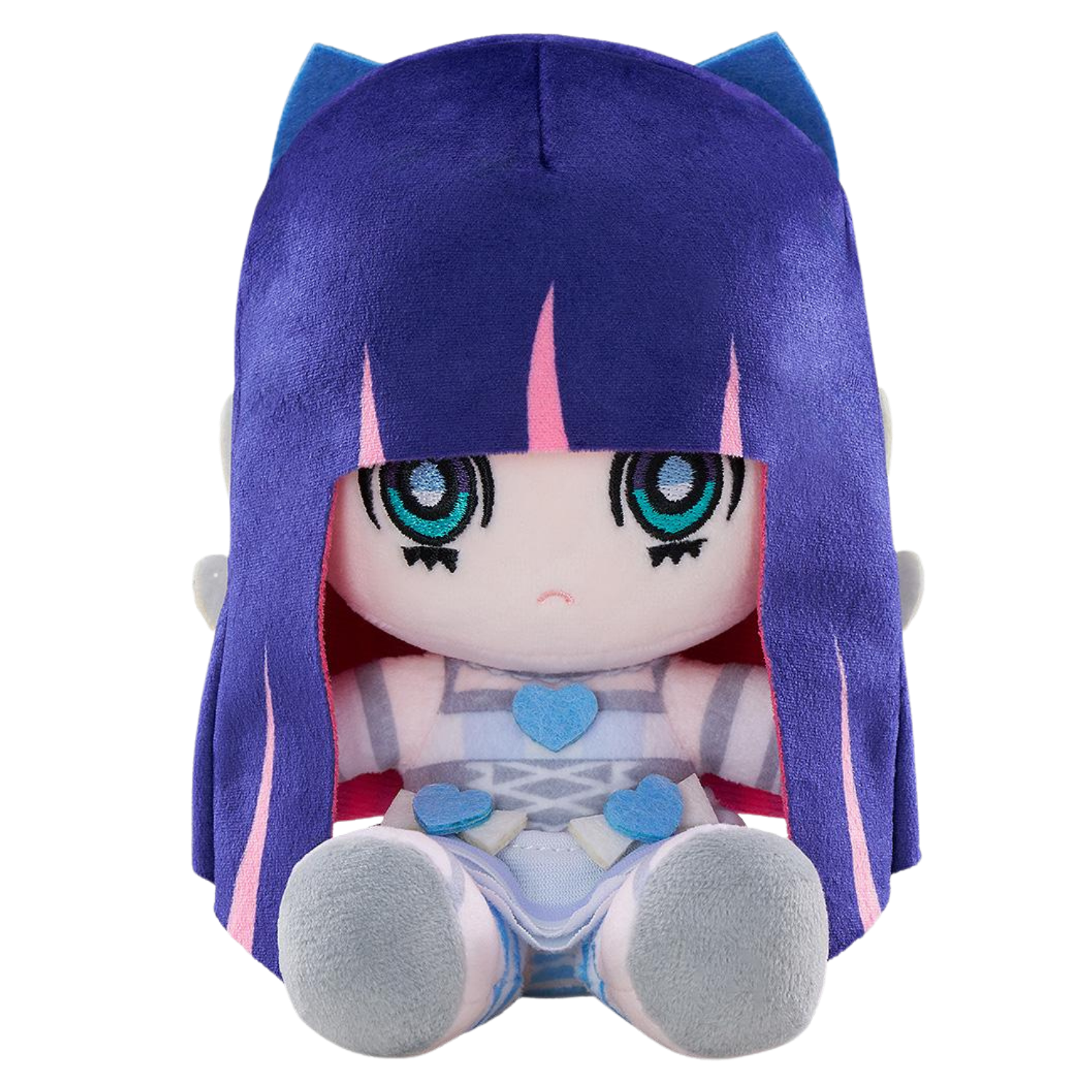 A plush doll with long purple hair, blue cat-ear-like side pieces, and large teal eyes, wearing a pale blue and white outfit with blue heart accents, photographed on a plain white background.