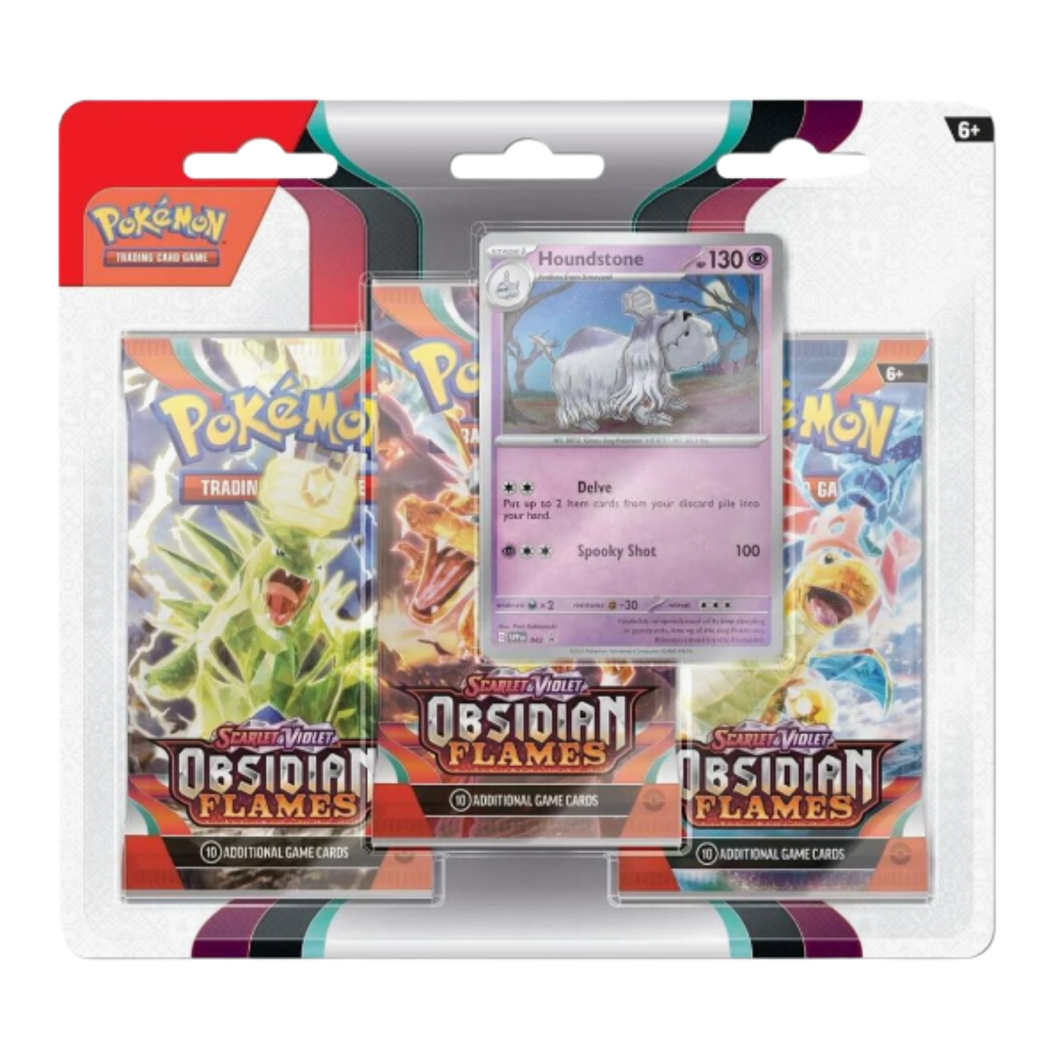 Pokémon trading card game packs with a central card featuring a ghostly dog-like creature.