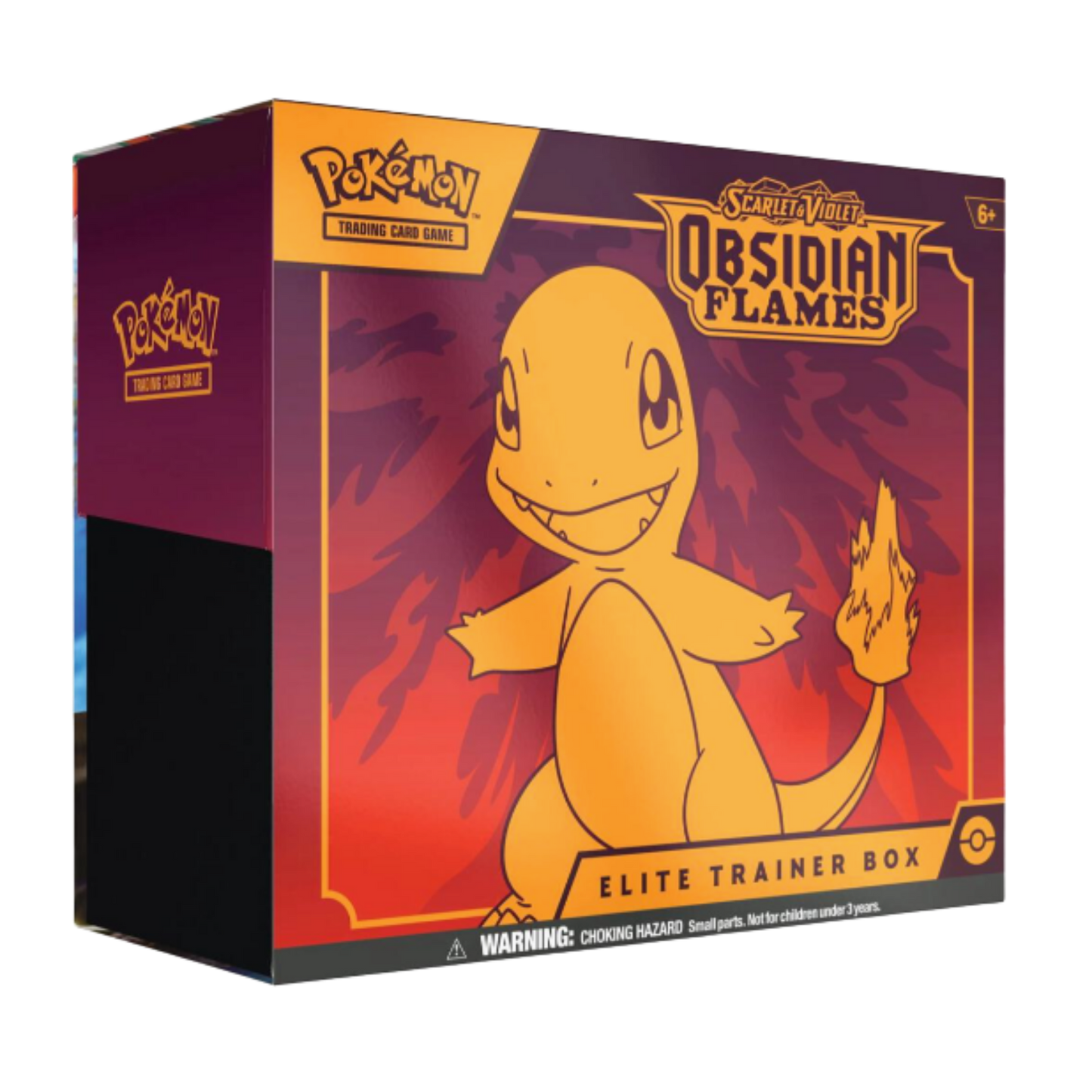 Pokémon Obsidian Flames Elite Trainer Box packaging with a Pokémon character on a red and purple background.