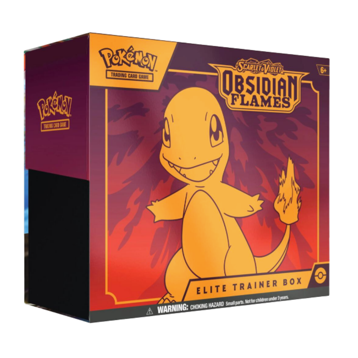 Pokémon Obsidian Flames Elite Trainer Box packaging with a Pokémon character on a red and purple background.