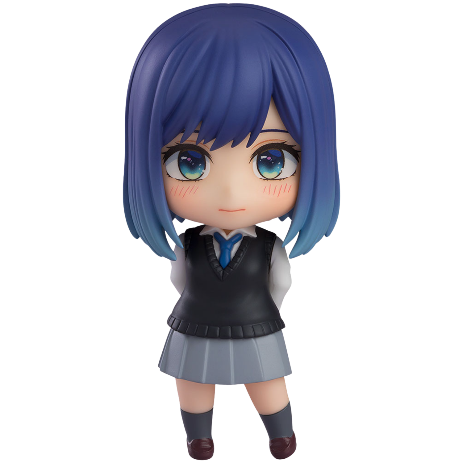 Anime character figurine with blue hair and school uniform on a white background