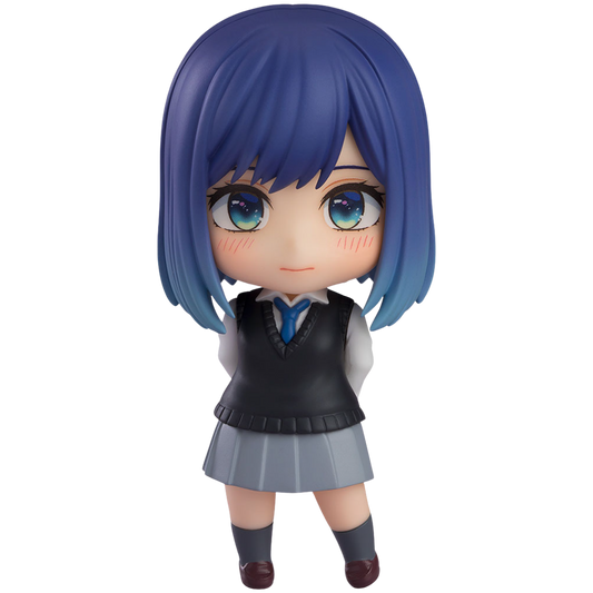 Anime character figurine with blue hair and school uniform on a white background