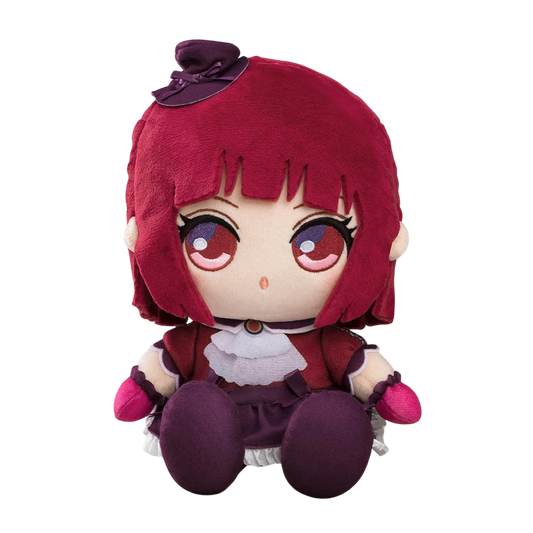 A chibi-style plush doll with short dark red hair, large expressive eyes, and a dark red and purple outfit with a white ruffled collar, shown against a plain white background.