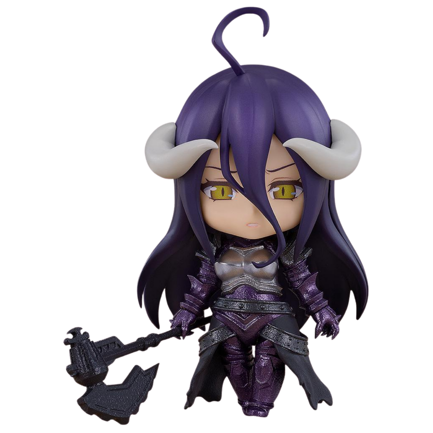 Figurine with purple hair and horns holding a weapon on a white background
