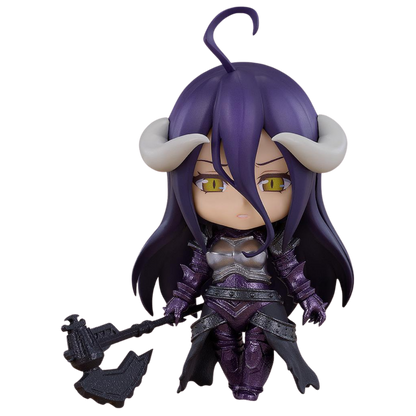 Figurine with purple hair and horns holding a weapon on a white background