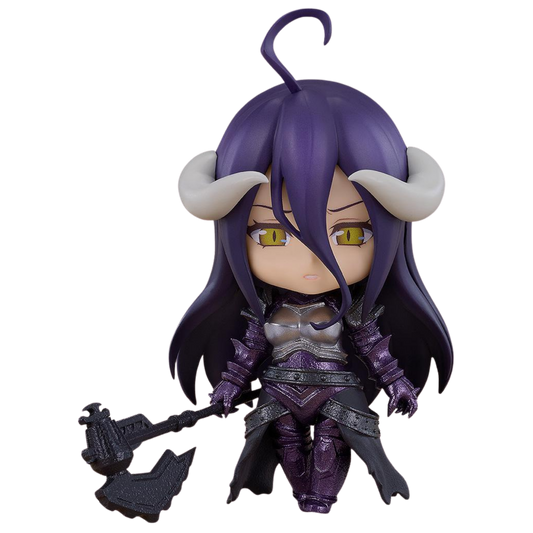 Figurine with purple hair and horns holding a weapon on a white background