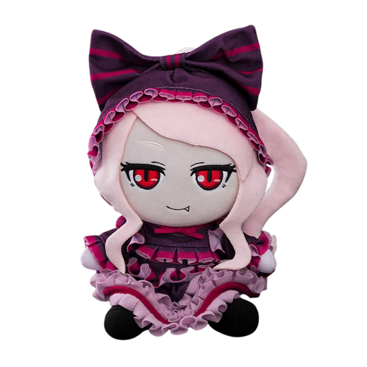 A chibi-style plush doll with pale pink hair, a large dark purple bow, and a ruffled dark purple and pink dress, shown against a plain white background.