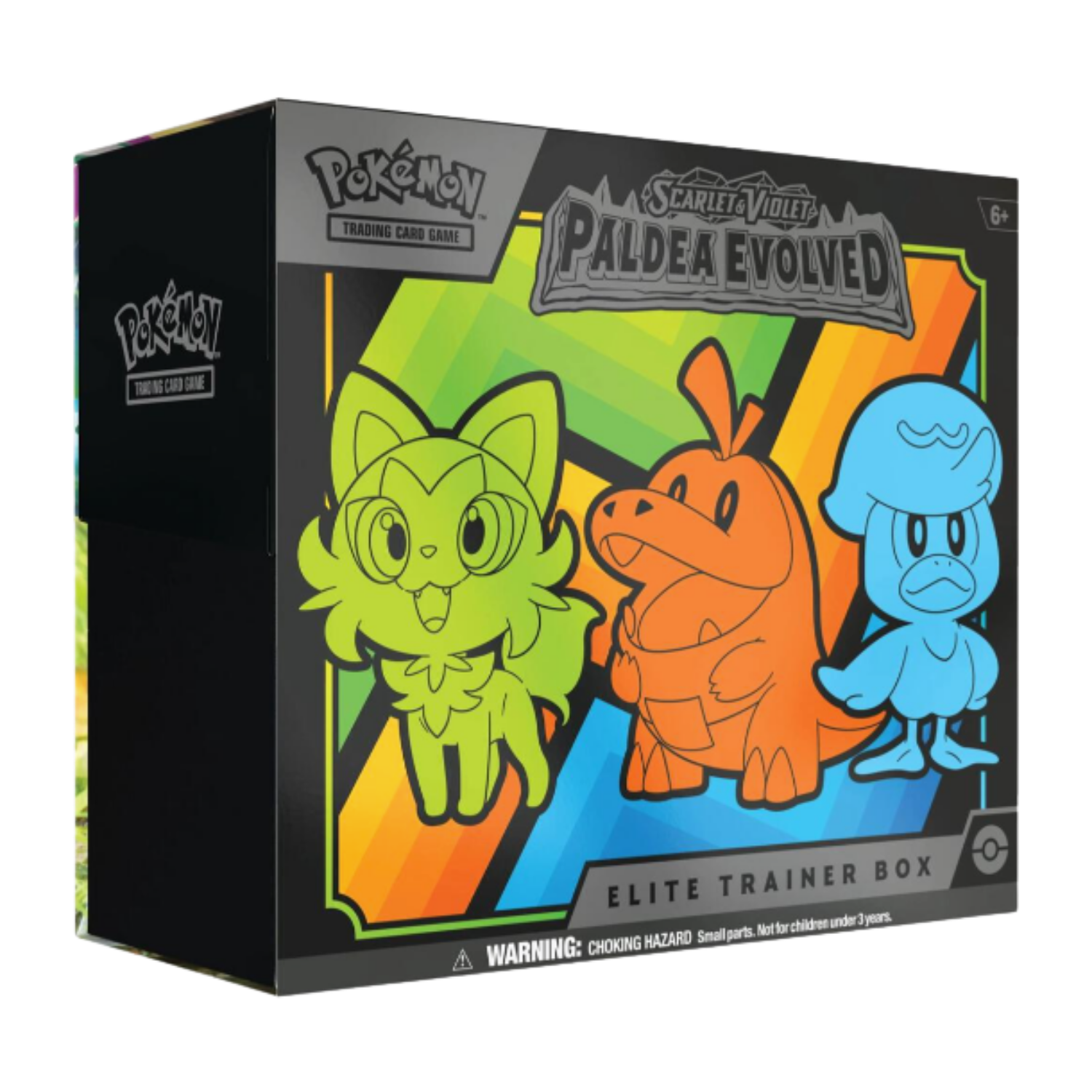 Pokémon Scarlet & Violet Paldea Evolved Elite Trainer Box packaging with three Pokémon characters on a colorful background.