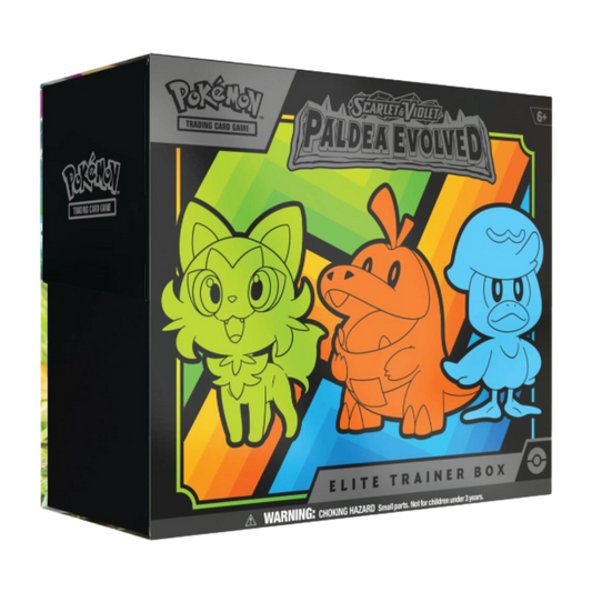Pokémon Scarlet & Violet Paldea Evolved Elite Trainer Box packaging with three Pokémon characters on a colorful background.