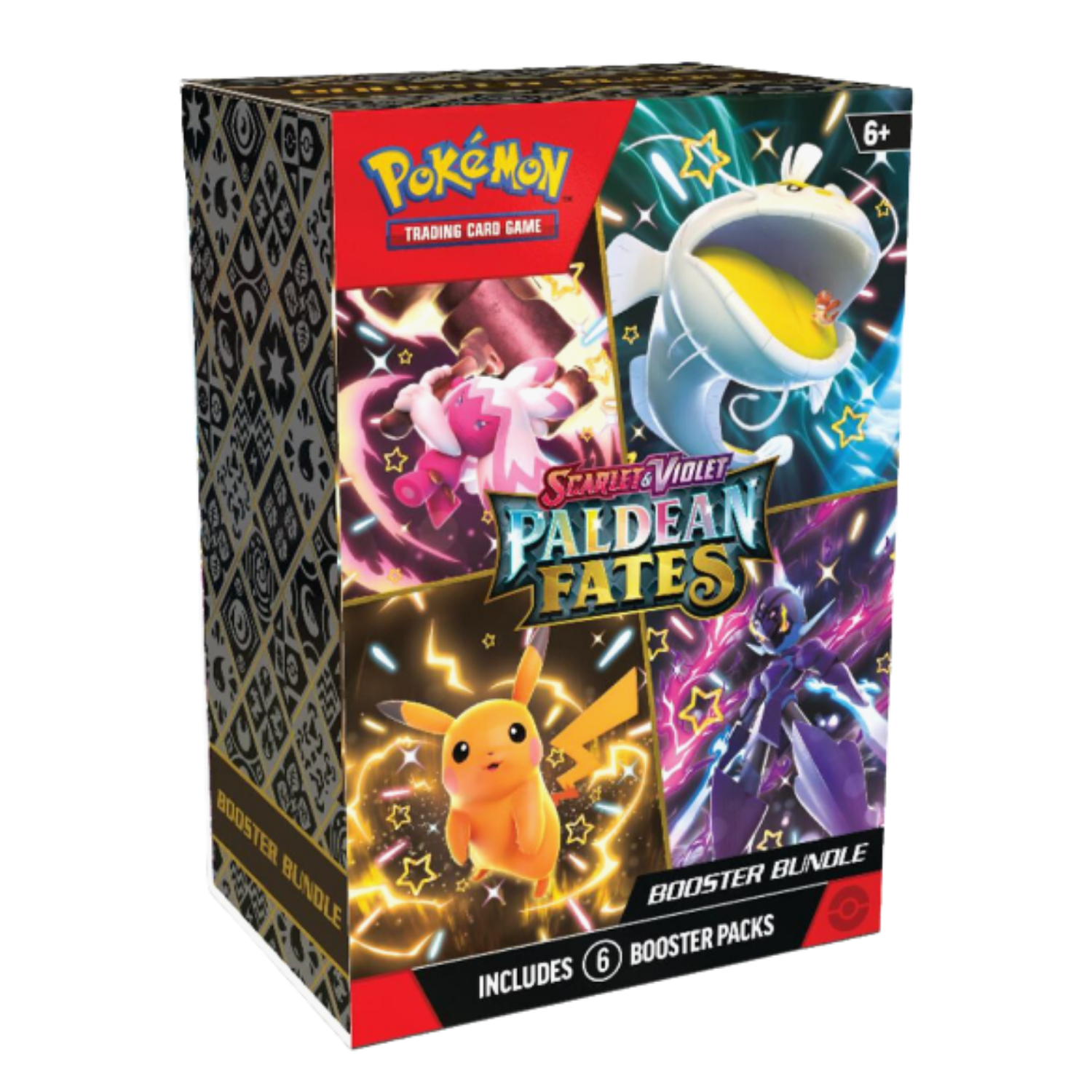 Pokémon trading card game booster bundle packaging with characters and 'Paidean Fates' text.