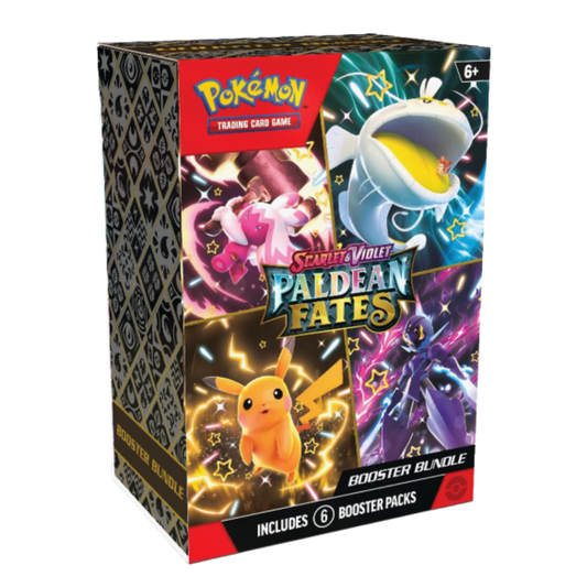 Pokémon trading card game booster bundle packaging with characters and 'Paidean Fates' text.