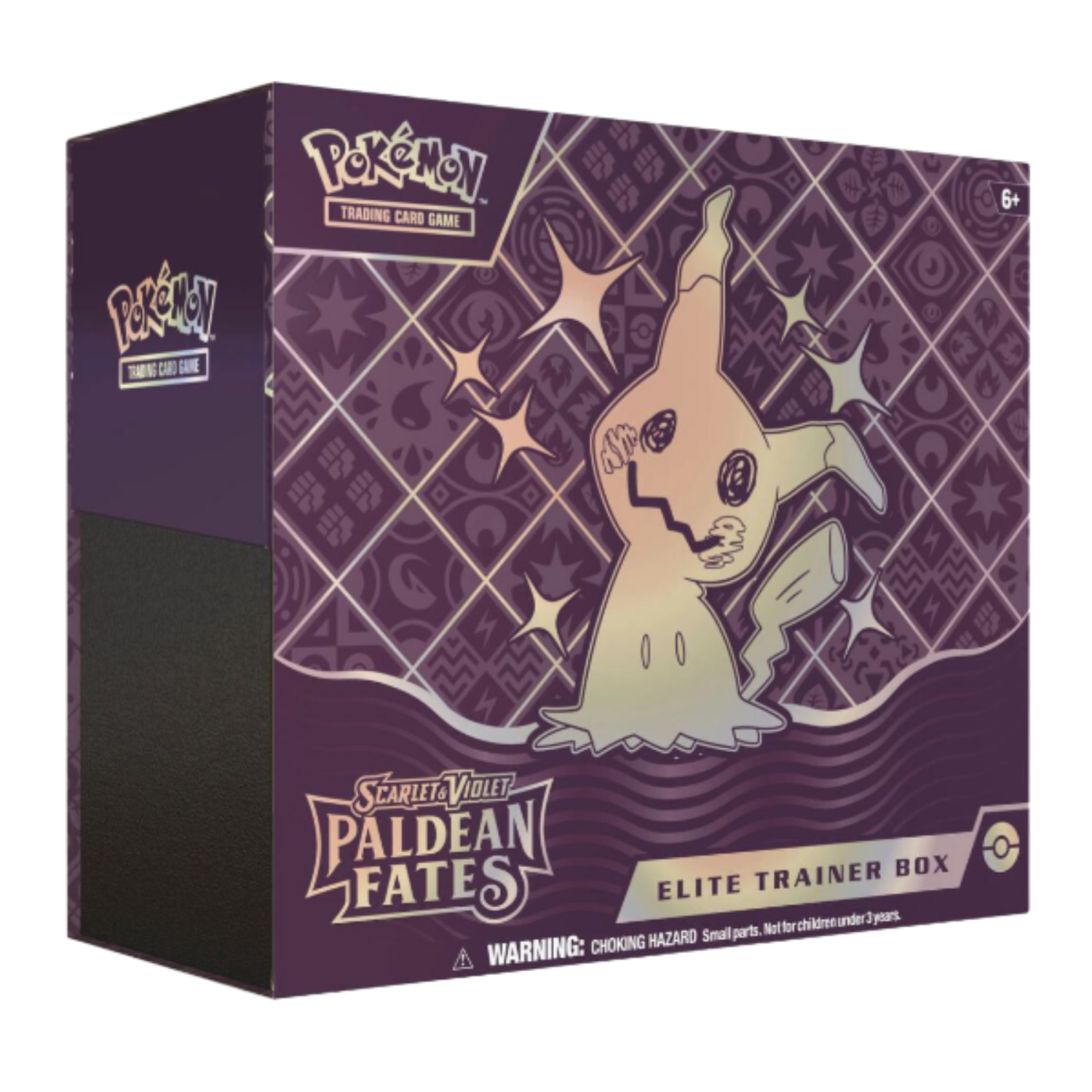 Pokémon trading card game Elite Trainer Box packaging with a ghostly creature illustration on a purple background.