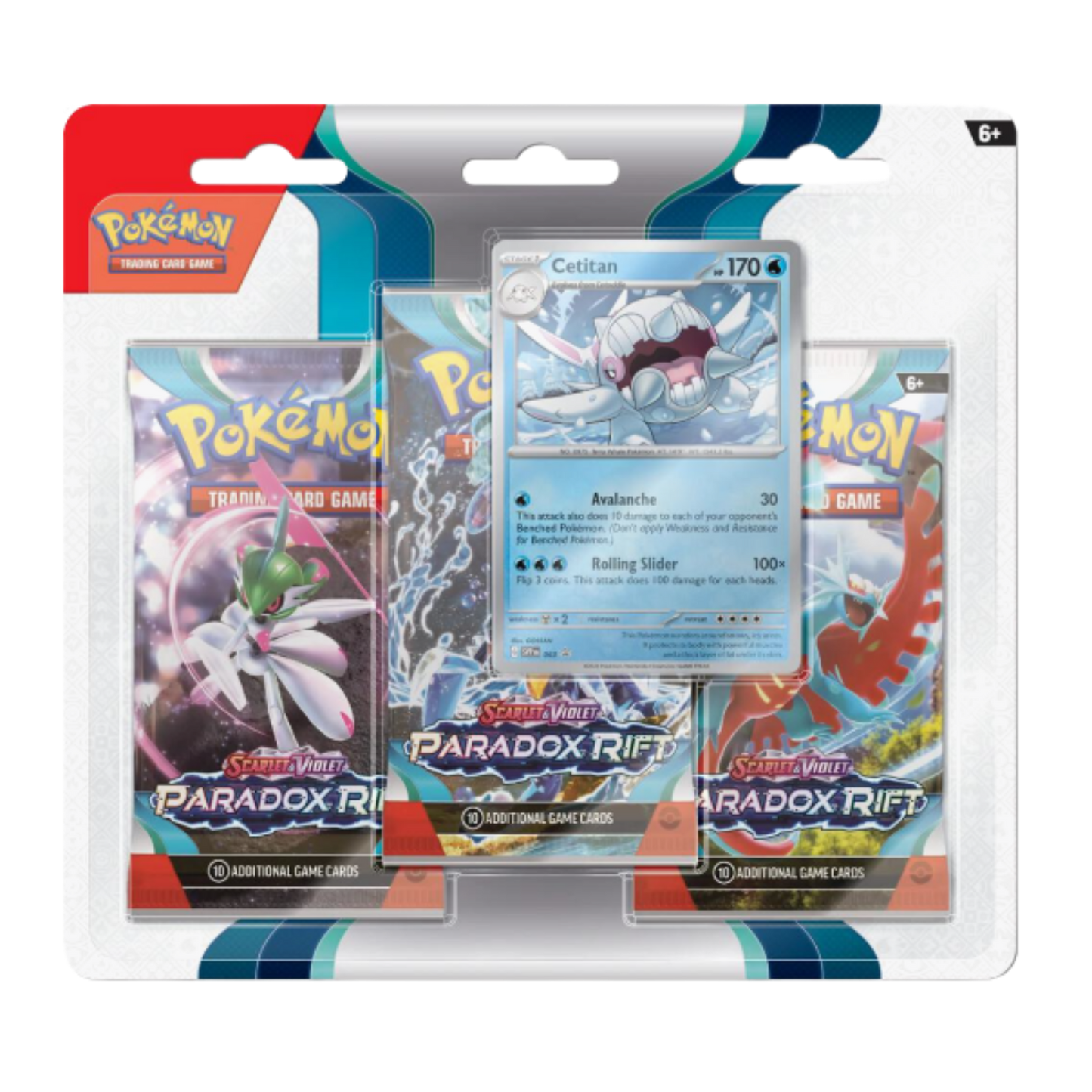 Pokémon trading card game pack with cards and Paradox Rift branding.