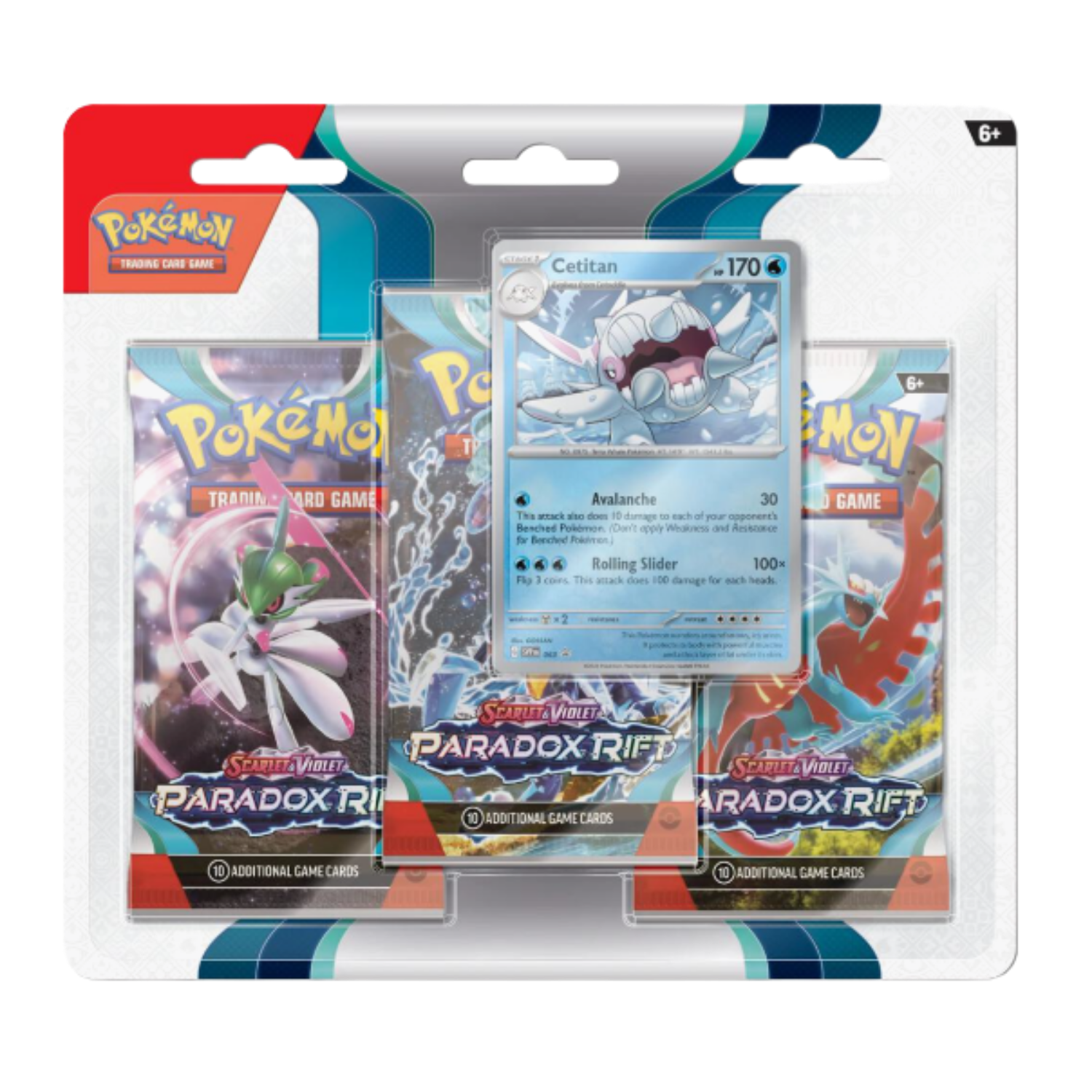 Pokémon trading card game pack with cards and Paradox Rift branding.