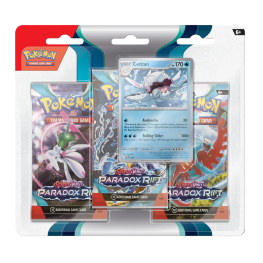 Pokémon trading card game pack with cards and Paradox Rift branding.