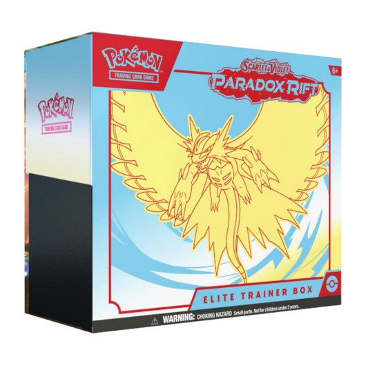 Pokémon Scarlet & Violet Paradox Rift Elite Trainer Box packaging with a Pokémon logo and artwork.