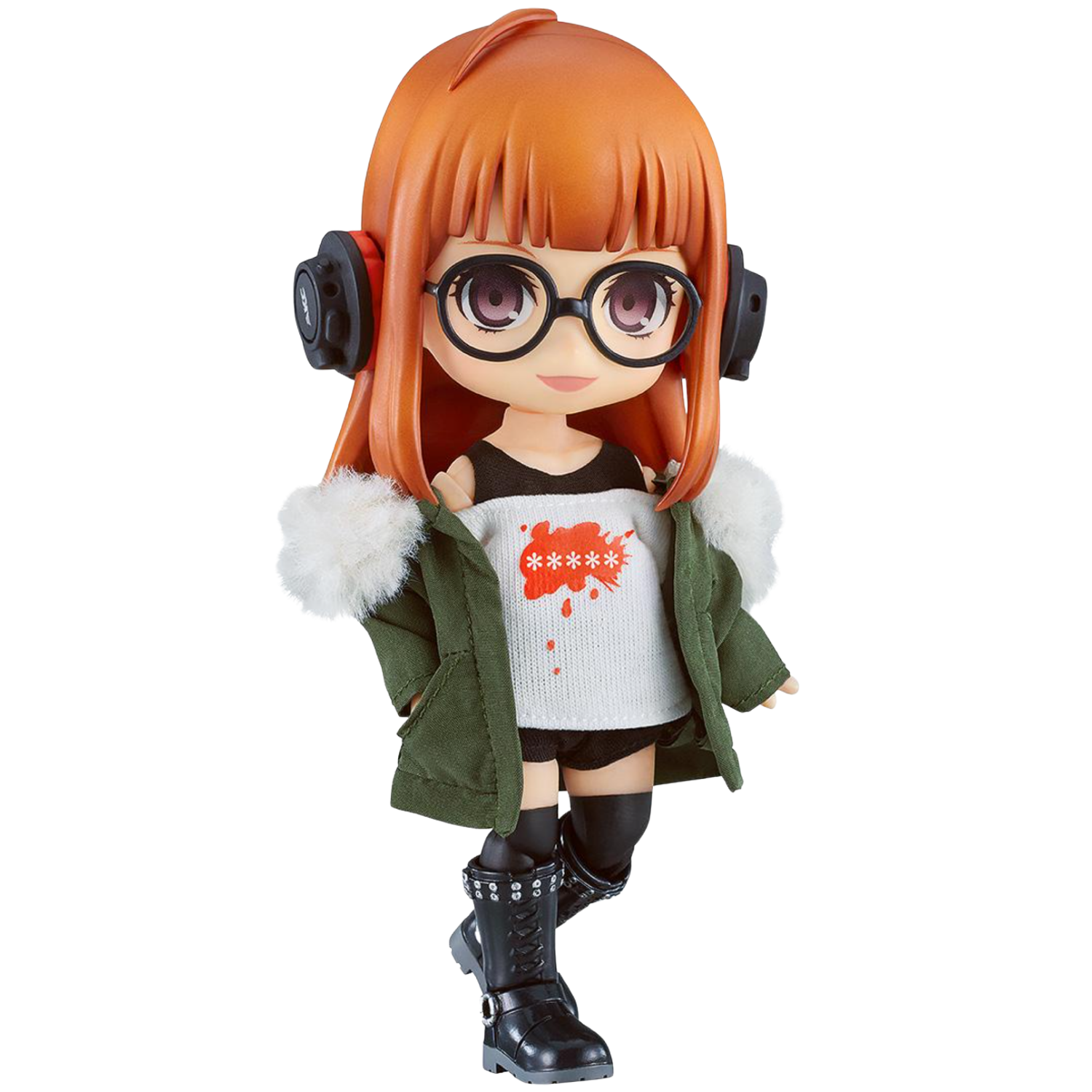 Toy figure with orange hair, glasses, and a green jacket on a white background