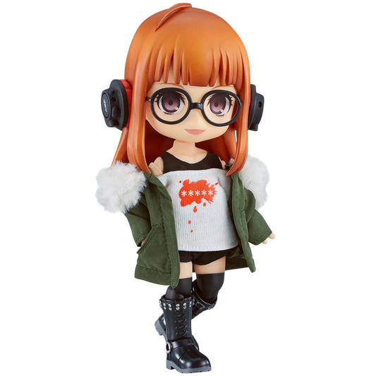 Toy figure with orange hair, glasses, and a green jacket on a white background