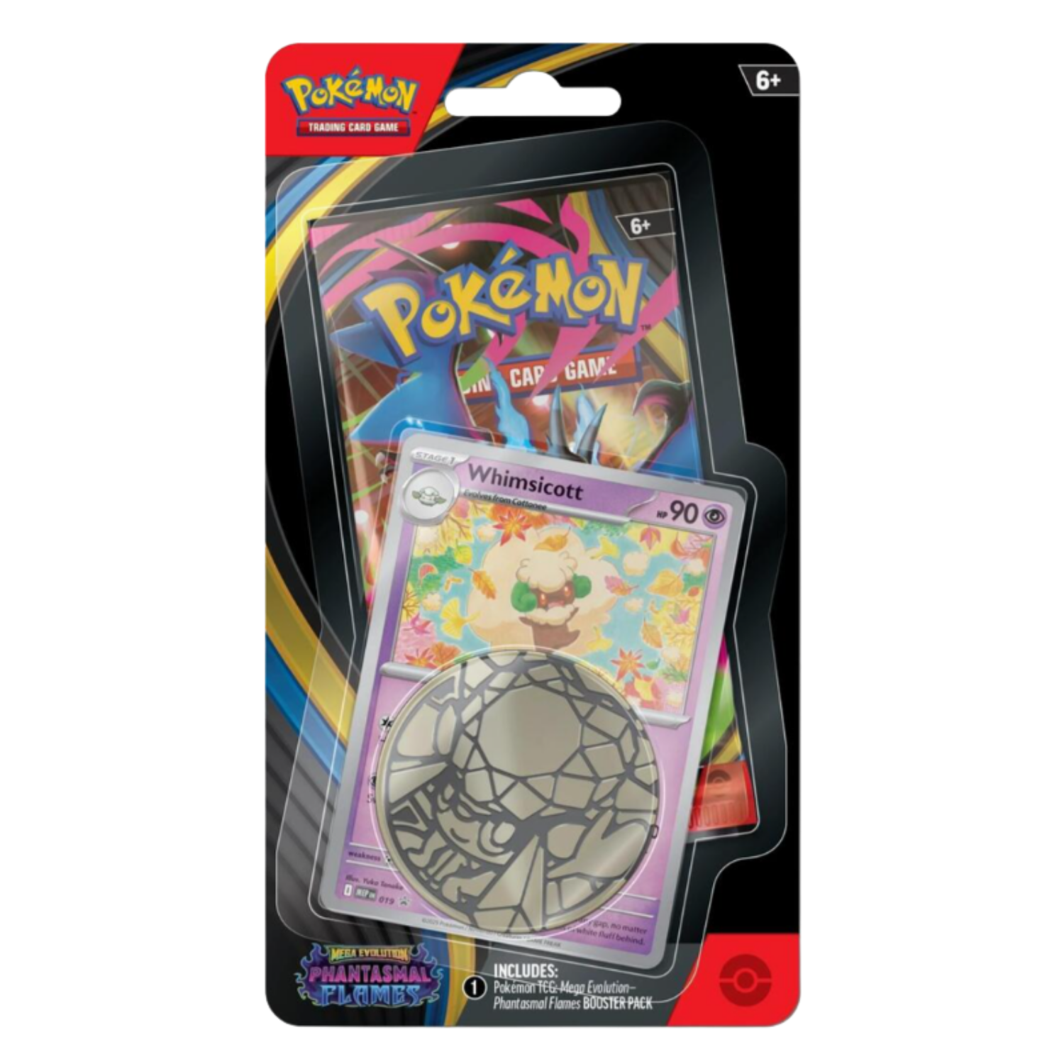 Pokémon trading card game pack with Whimsicott card on a white background