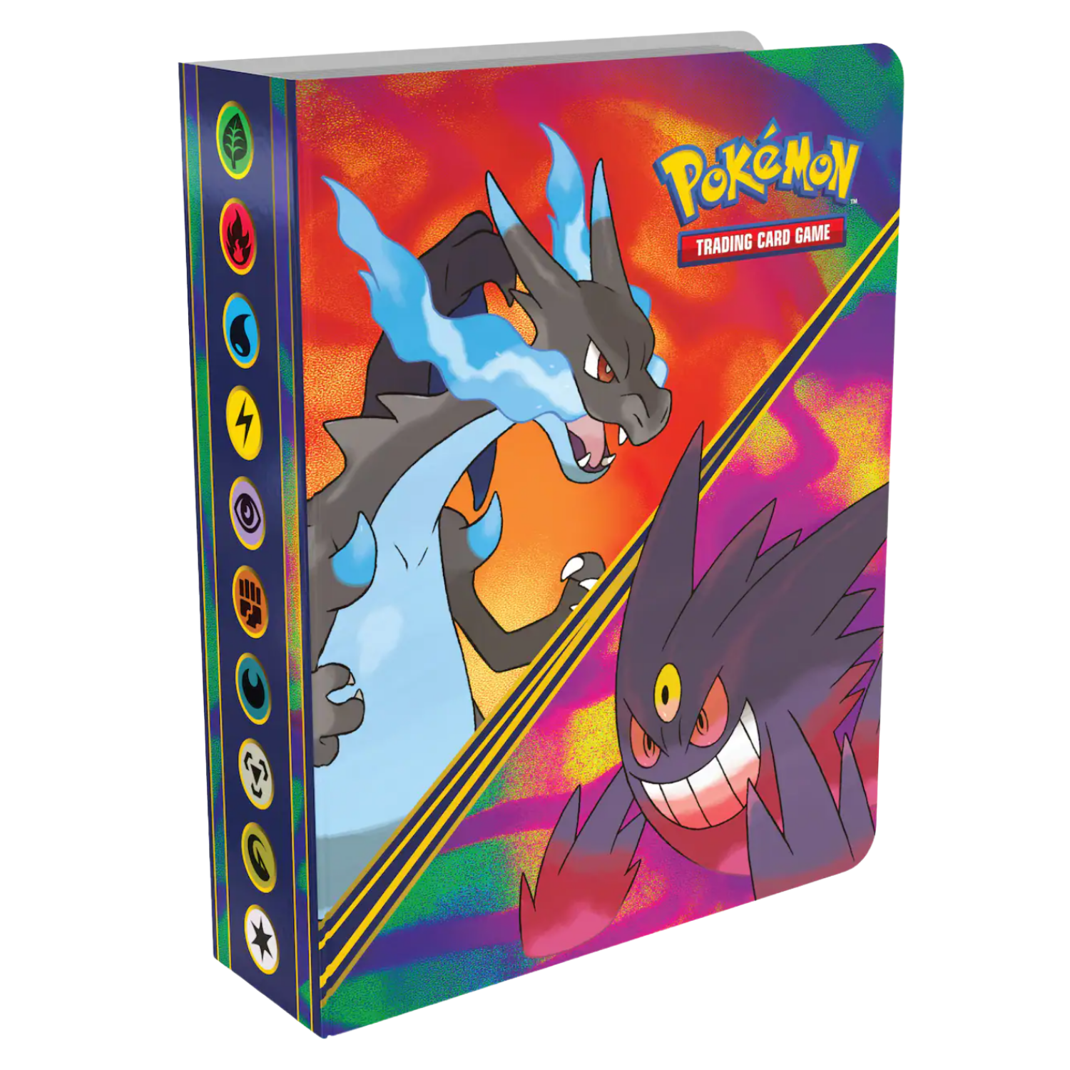Pokémon trading card game binder with colorful design featuring two characters.