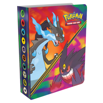 Pokémon trading card game binder with colorful design featuring two characters.