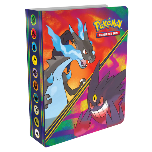 Pokémon trading card game binder with colorful design featuring two characters.