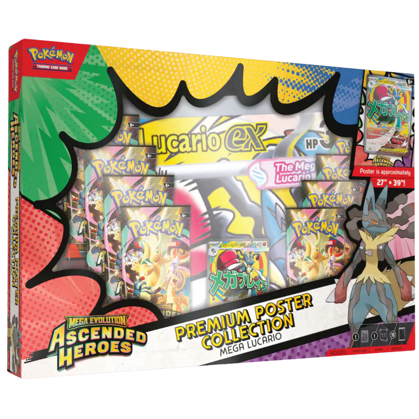 Pokémon trading card game packaging with Mega Lucario ex and Ascended Heroes text
