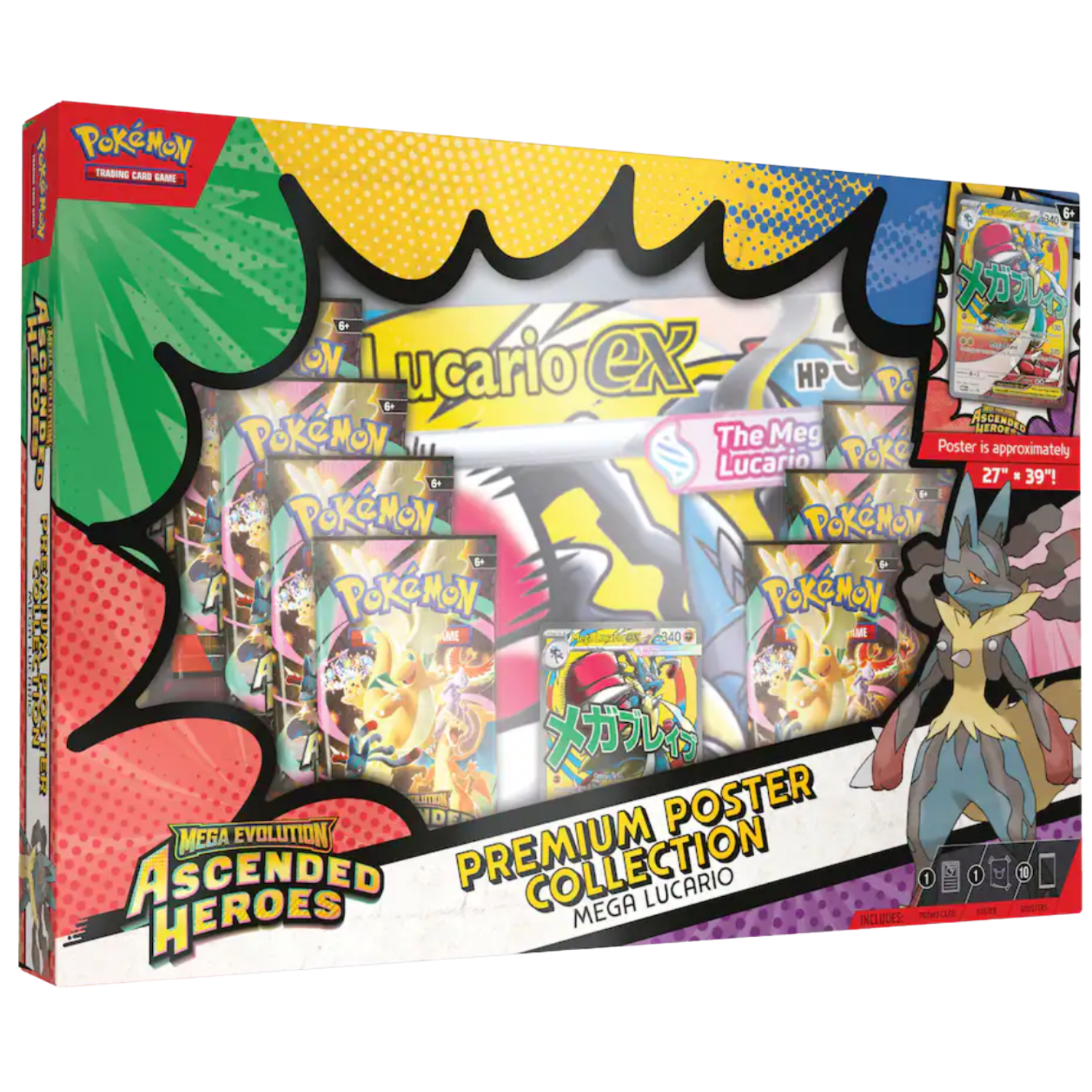Pokémon trading card game packaging with Mega Lucario ex and Ascended Heroes text