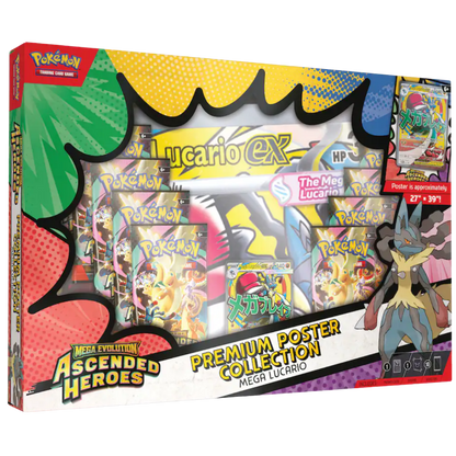 Pokémon trading card game packaging with Mega Lucario ex and Ascended Heroes text