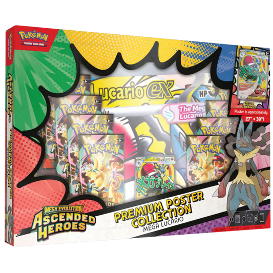Pokémon trading card game packaging with Mega Lucario ex and Ascended Heroes text