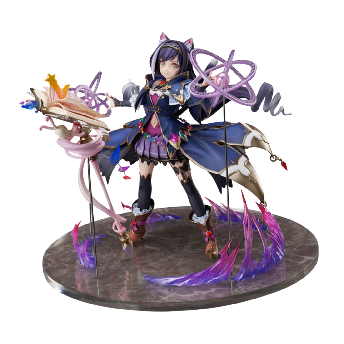 Animated character figurine with purple and black outfit on a white background