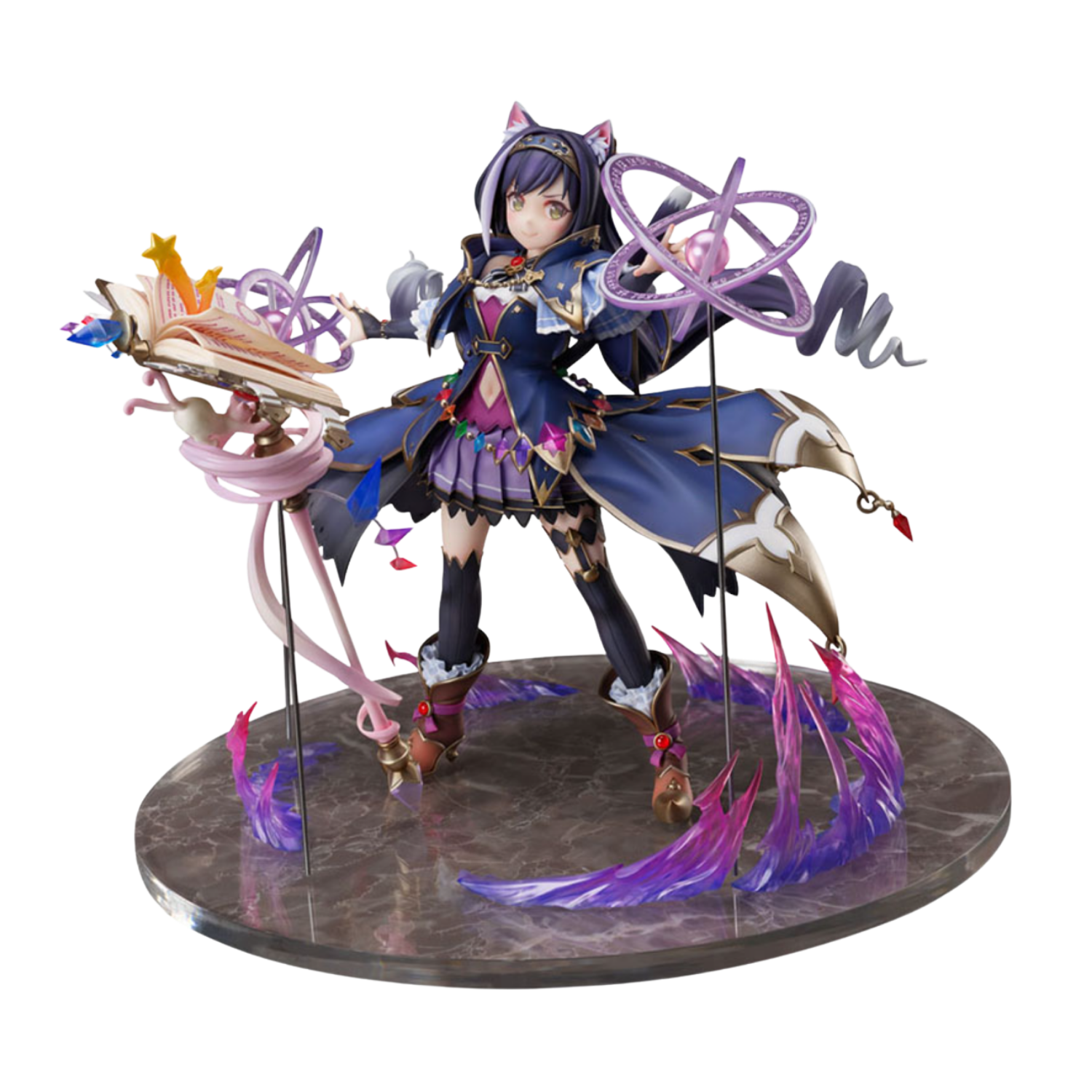 Animated character figurine with purple and black outfit on a white background