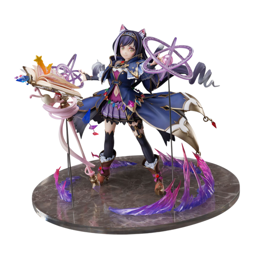 Animated character figurine with purple and black outfit on a white background