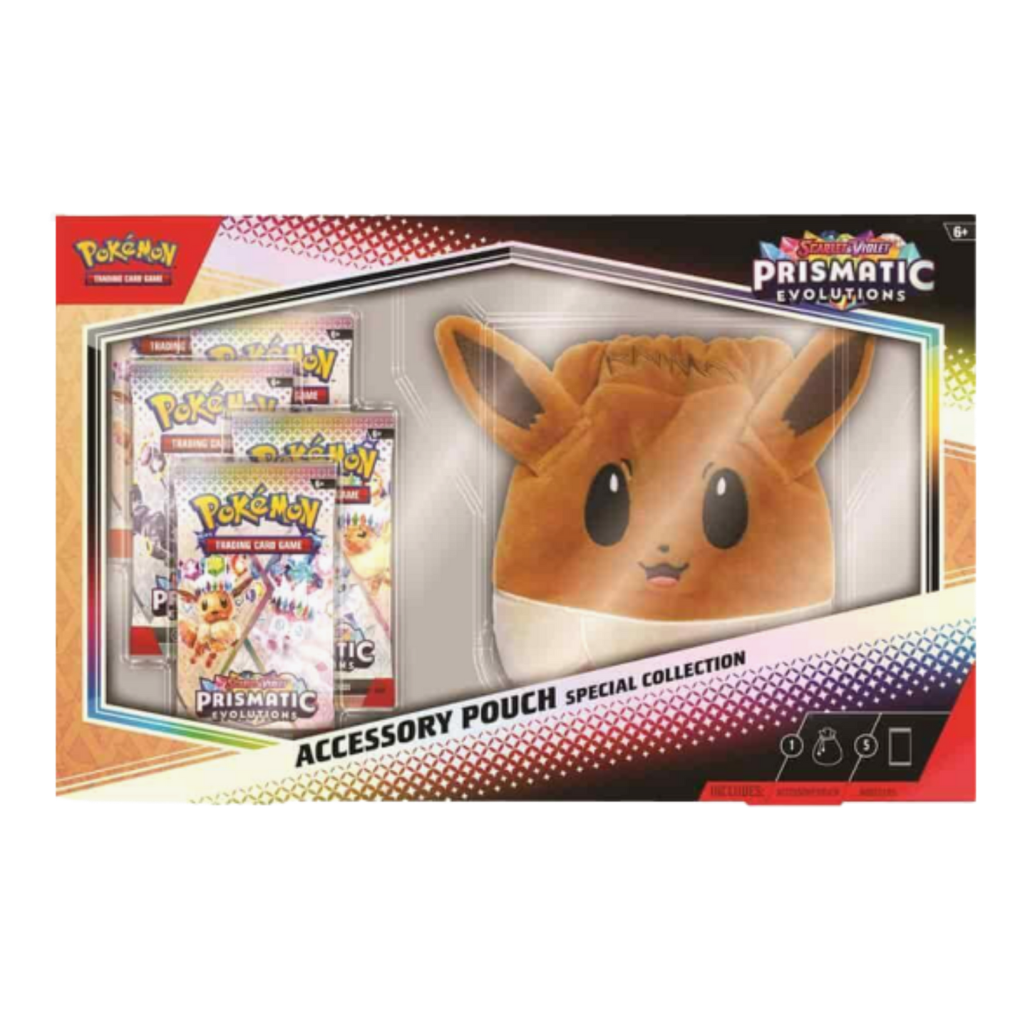 Pokemon Prismatic Evolutions accessory pouch with plush toy and cards on a white background