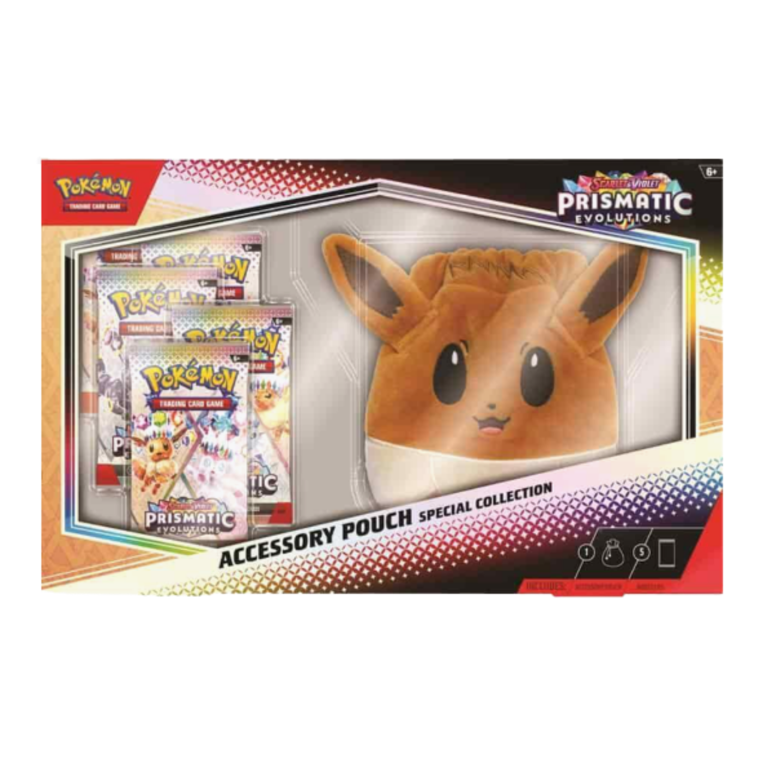 Pokemon Prismatic Evolutions accessory pouch with plush toy and cards on a white background