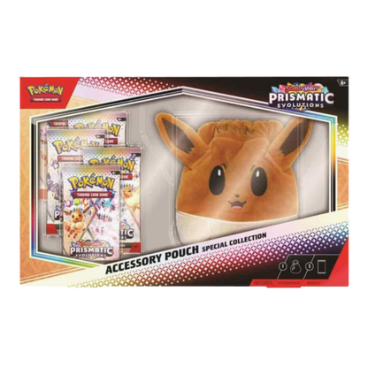 Pokemon Prismatic Evolutions accessory pouch with plush toy and cards on a white background